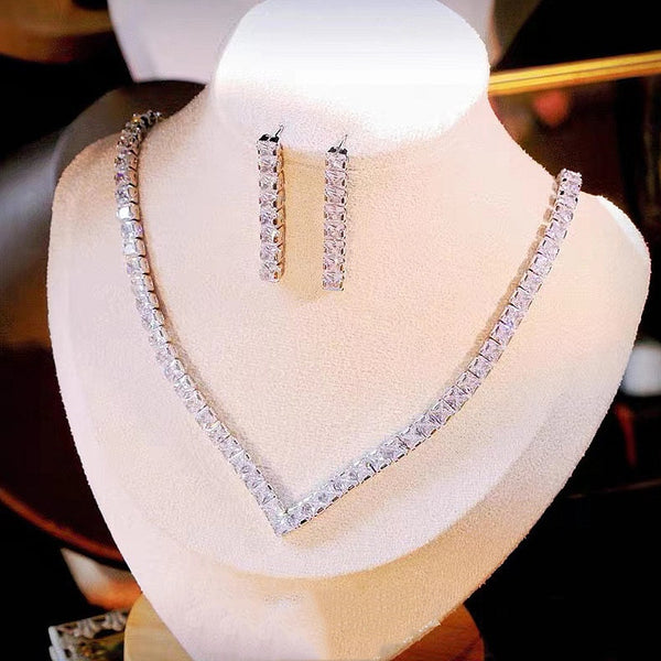 Square Drop Rhinestone Long Pendant Full Crystal Silver Plated Necklace