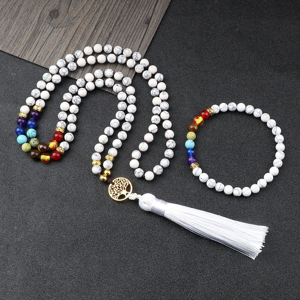 Collar y pulsera de cuentas blancas de Bohemia con colgante de árbol de la vida, collar de cadena vintage para mujer