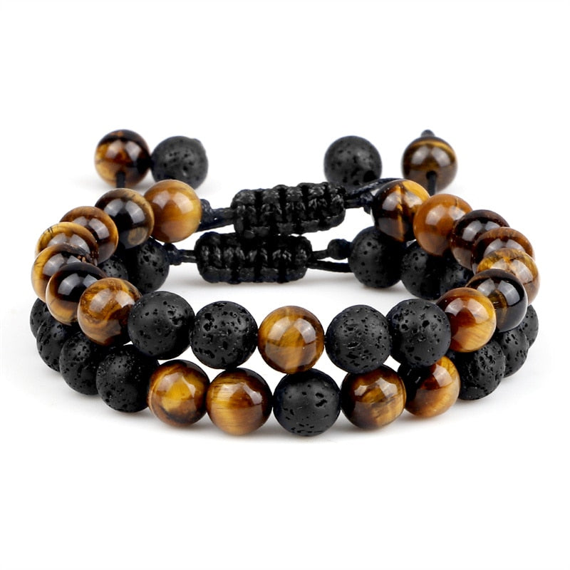 Multicolor Tiger Eye Stone Beads Bracelet Natural Lava Adjustable Braided Men Women