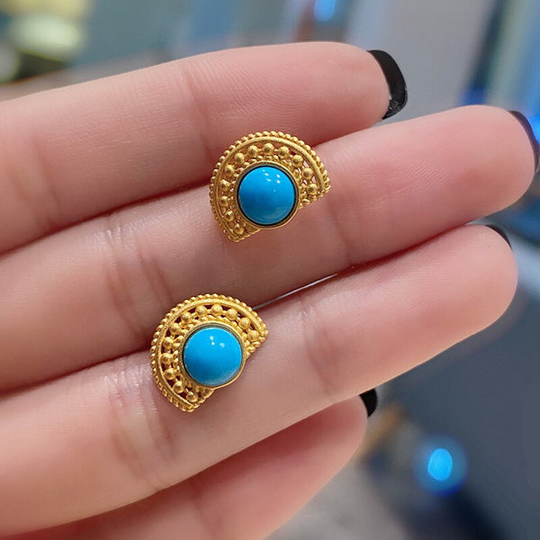 Pendientes de turquesa con diseño original, nuevo estilo, en oro antiguo, hechos a mano, con forma de abanico para mujer.