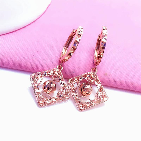 Exquisitos pendientes de rombos para mujer, chapados en oro rosa de 14 quilates y oro púrpura 585.