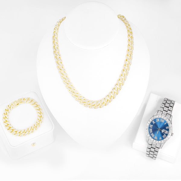 New Fashion Luxury Necklace+Watch+Bracelet Full Iced Out Three Colors Watch