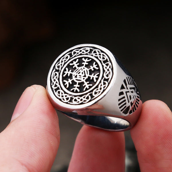 Anillo de brújula vikinga nórdica de acero inoxidable 316L con nudo celta para hombres y mujeres.
