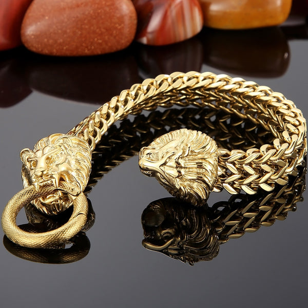 Pulsera Steampunk con cabeza de dragón, león y calavera para hombre