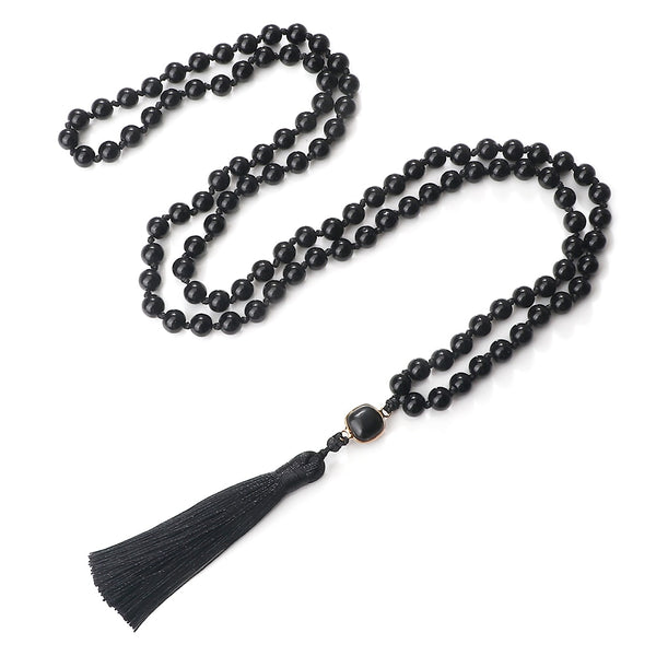 Nuevos collares de obsidiana negra natural para hombre y mujer, con ónix negro brillante y 108 cuentas de mala.