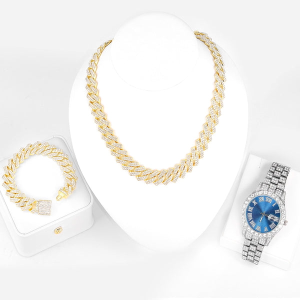 Collar + reloj + pulsera para hombre con cadena de eslabones cubanos Miami Curb