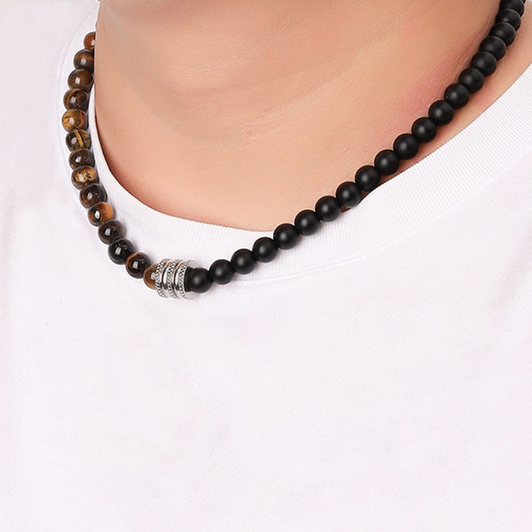 Collar de cuentas de acero inoxidable con piedra natural de 8 mm, ojo de tigre y ónix negro