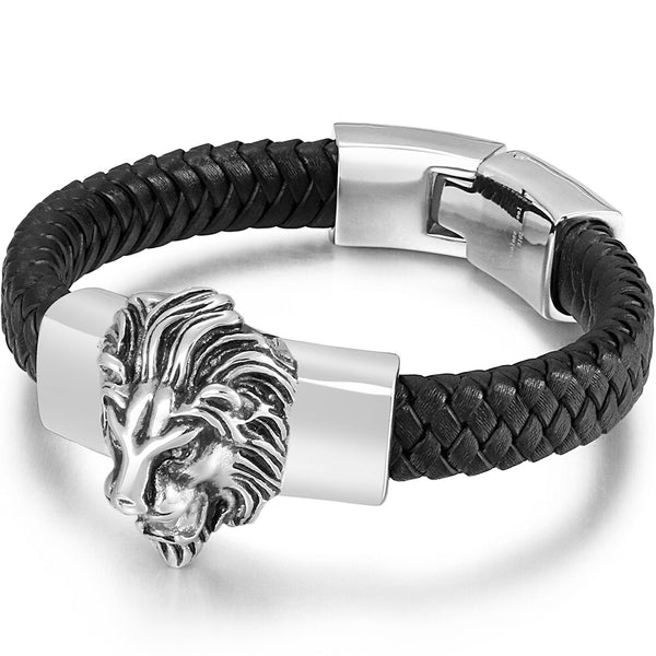 Pulsera trenzada con dije de cabeza de león para hombre