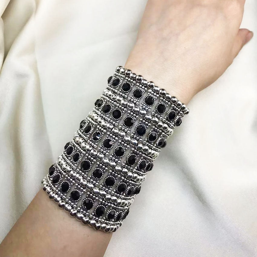 Classic Fashion Elastic Wide Bracelets Retro Punk Exaggerated Five Row Crystal Retractable  Beaded