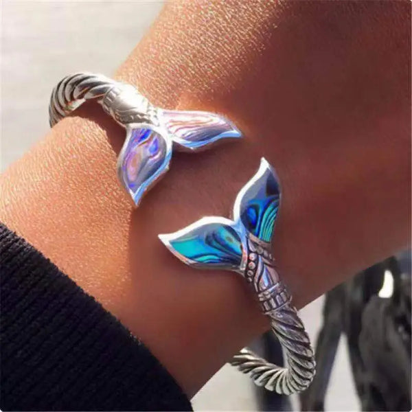 Pulsera vintage de concha de abulón con forma de cola de sirena para hombre y mujer