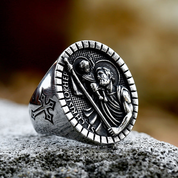 Unique Vintage Stainless Steel St Christopher Cross Fingers Ring For Men