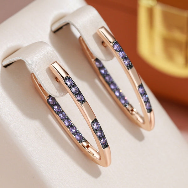 V-shaped Geometric Design Double Purple Zircon Black Plated Drop Earrings