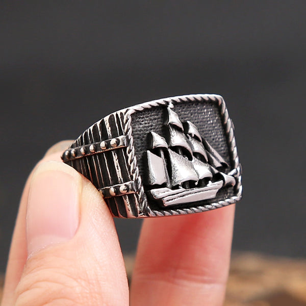 Anillo de velero pirata vikingo de acero inoxidable para hombre
