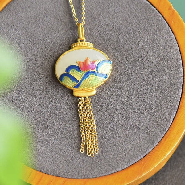 Collar vintage fresco de loto esmaltado de jade natural Hotan