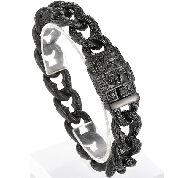 Pulsera de calavera punk para hombre en acero inoxidable negro, joyería de esqueleto, pulseras para hombre