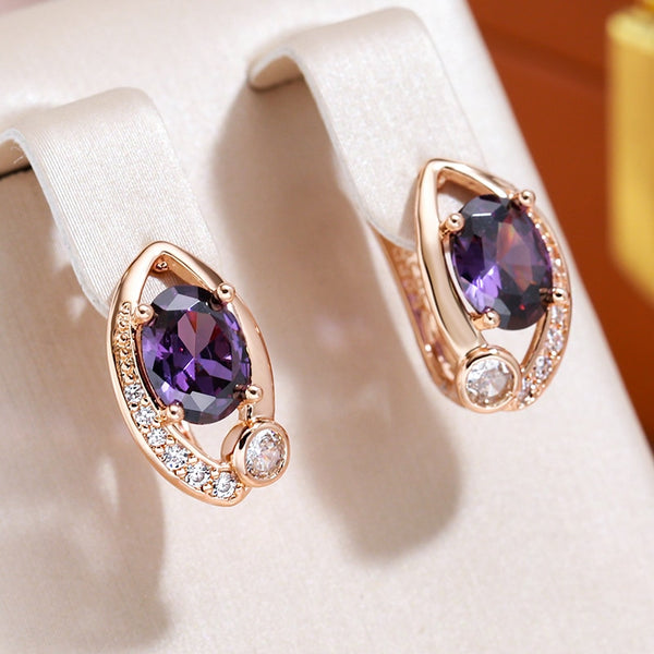 Purple Zircon 585 Gold Color Oval Shape Geometric Earrings for Women