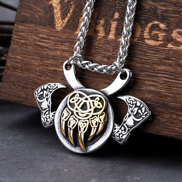 Collar de acero inoxidable con hacha de garra de oso celta vikinga para hombre