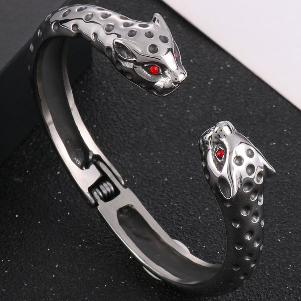 Leopard Head With Red Eyes Open Cuff Bangle Bracelet For Men
