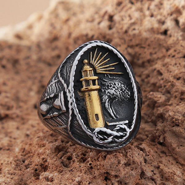 Anillo vintage de faro náutico vikingo para hombre