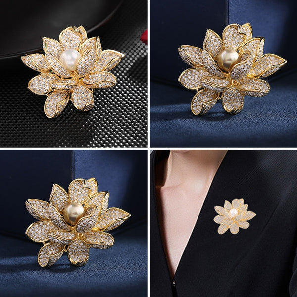 Copper Micro Inlaid Cubic Zirconia Lotus Brooch Fashion Flower Shop Imitation pearl Gift