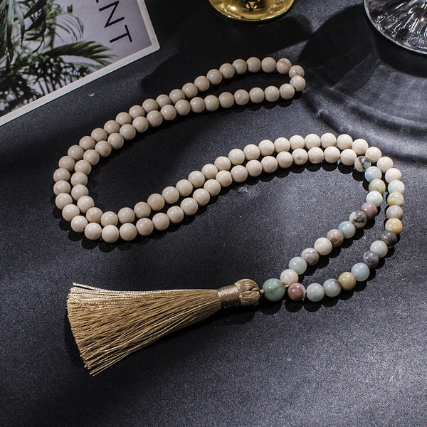 Collar de japamala de 108 cuentas de amazonita fósil blanca de 8 mm para meditación y yoga.