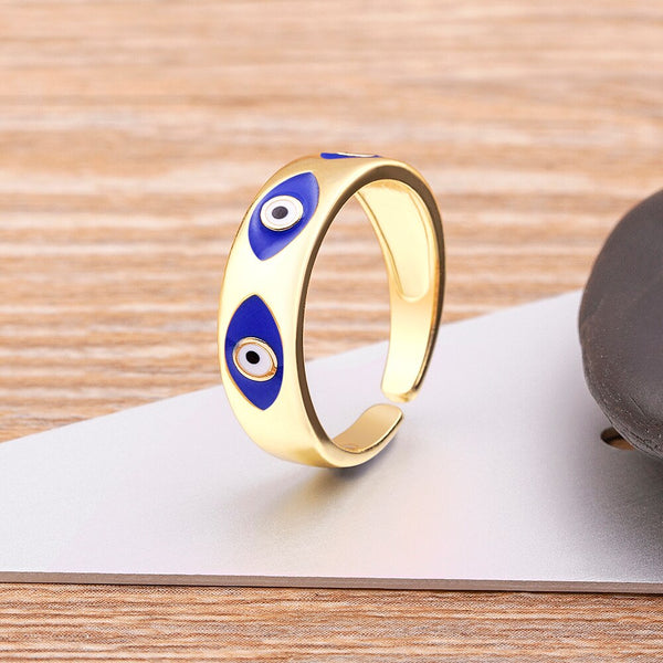 Anillo de ojo turco chapado en oro con incrustaciones de esmalte de alta calidad en 5 colores para mujer