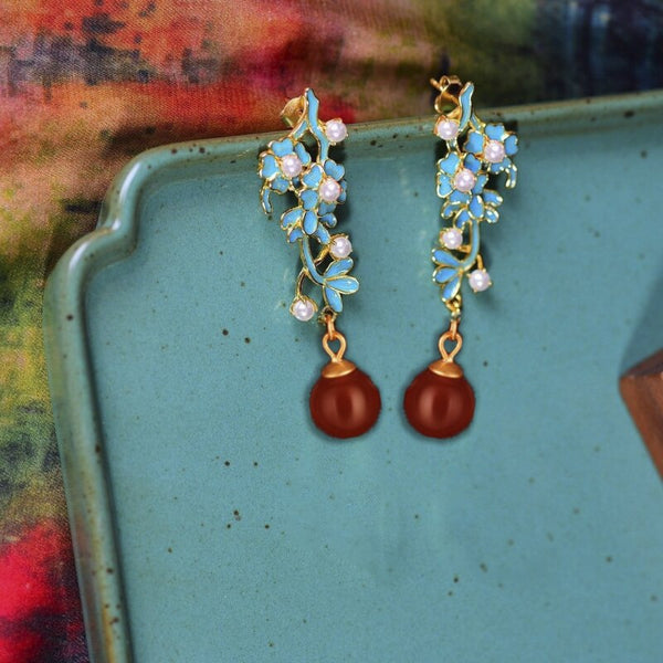 Pendientes de flores de esmalte perlado estilo étnico cloisonné para mujer