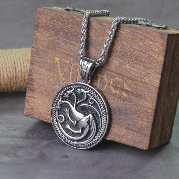 Collar con colgante de dragón vikingo de tres cabezas de acero inoxidable para hombre