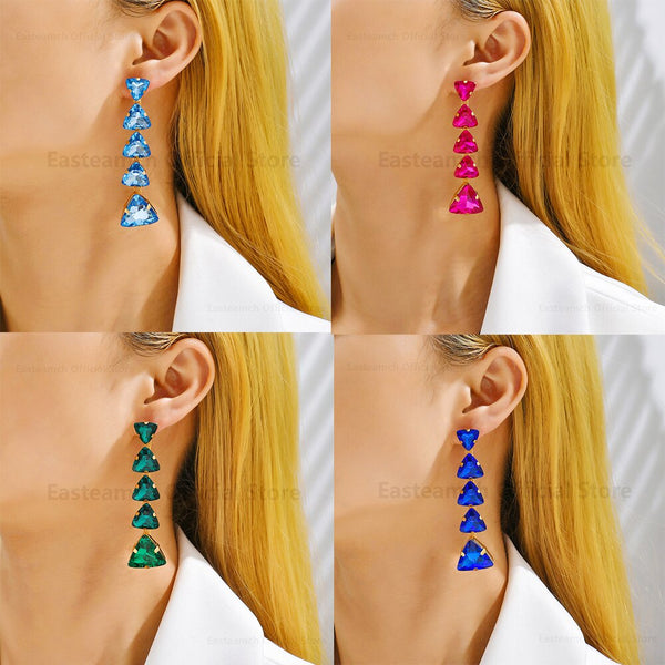 Pendientes largos y bonitos con forma de corazón de cristal transparente y coloridos para mujer