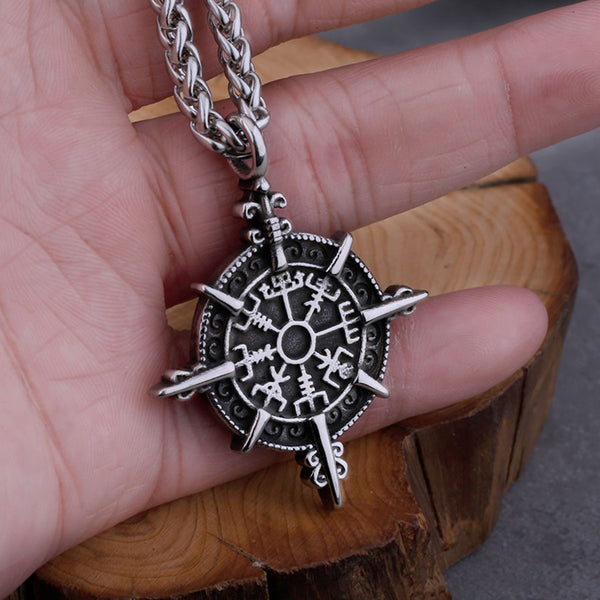 Collar de acero inoxidable con brújula Vegvisir y señal de tráfico vikinga.