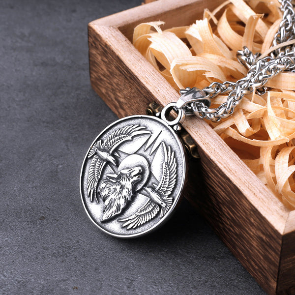 Collar clásico de acero inoxidable con colgante de lobo y cuervo para hombre