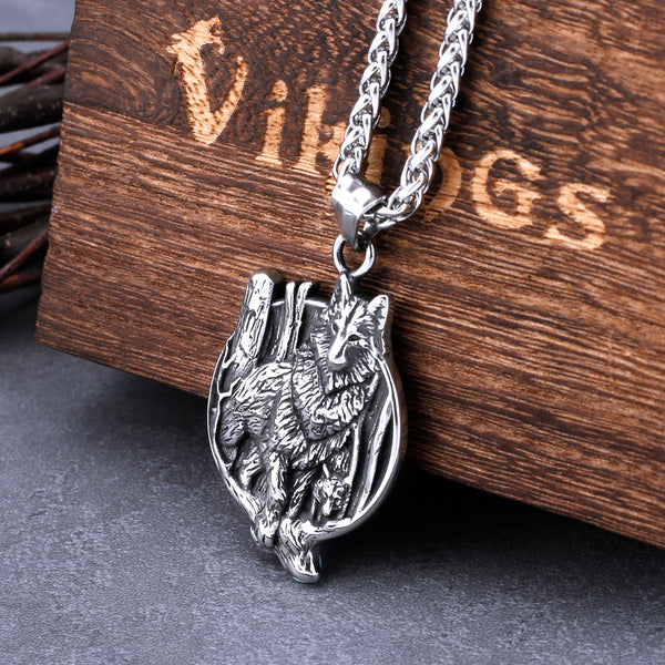Collar de acero inoxidable con brújula Vegvisir y cabeza de lobo vikingo para hombre