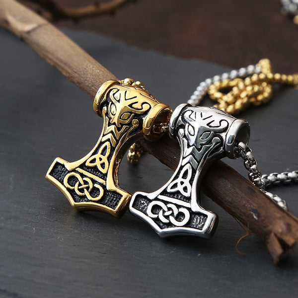 Collar vikingo vintage con martillo de Thor, colgante estilo punk de acero inoxidable.