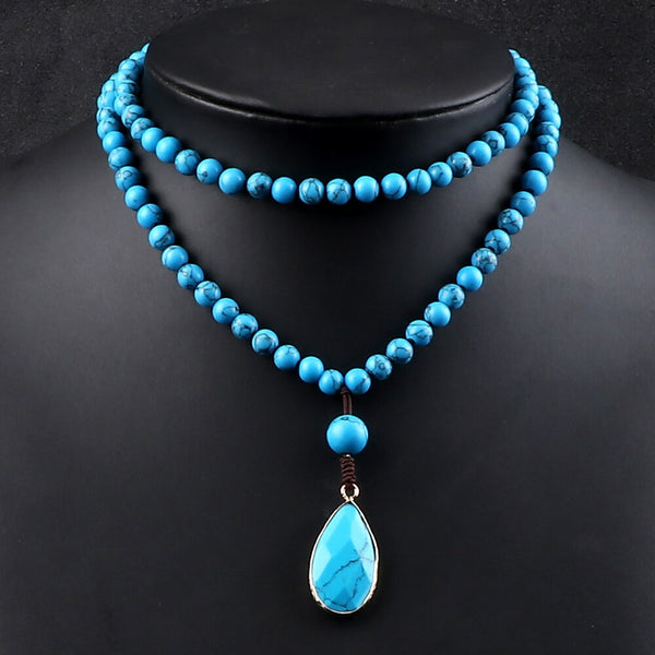 Nuevos collares colgantes sencillos con 108 cuentas de piedra de pino azul natural Mala para meditación.