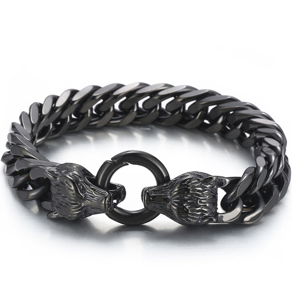 Pulsera de lobo vikingo nórdico para hombre, de acero inoxidable chapado en oro negro, cadena de eslabones de 12 mm.