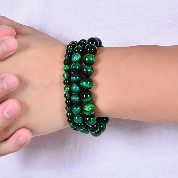 Natural Green Tiger Eye Beaded Elastic Cord Bracelet Men