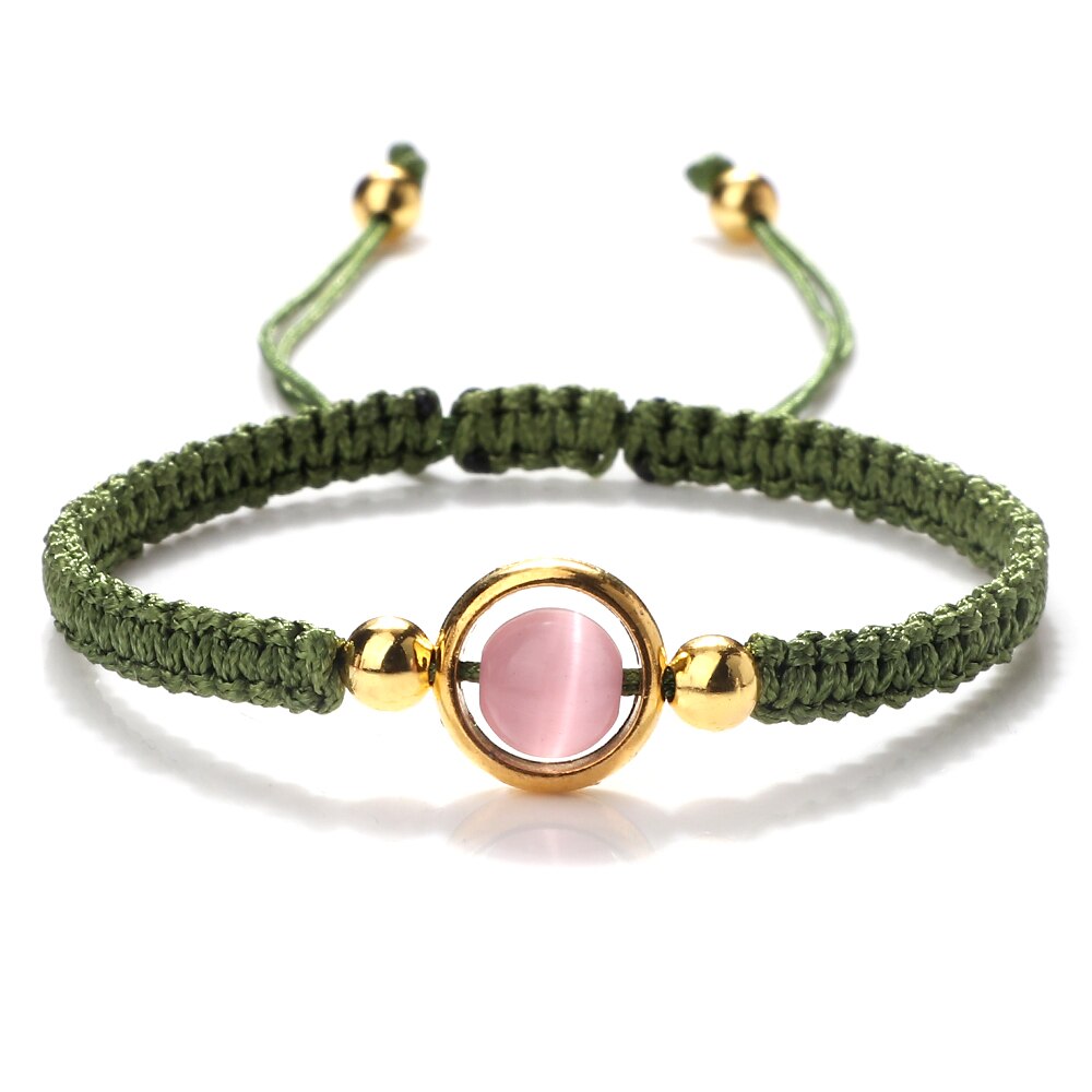 Pink Cat Eye Stone Beads Braided Bracelet For Women Red Thread String Bracelet