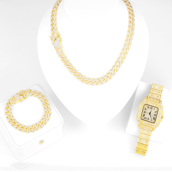 Luxury HipHop Full Zircon Inlay Square Watch +13MM Necklace With Bracelet 3PCS KIT