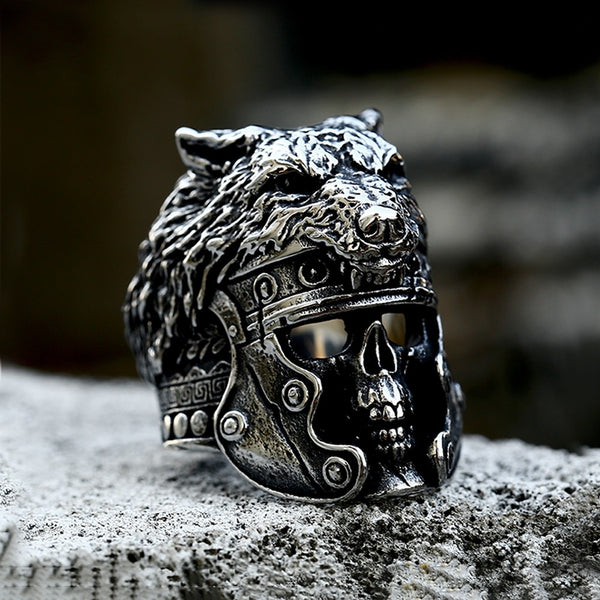 Anillo de acero inoxidable con diseño de lobo vikingo, estilo retro, estilo punk, hip hop y armadura de calavera para hombre.