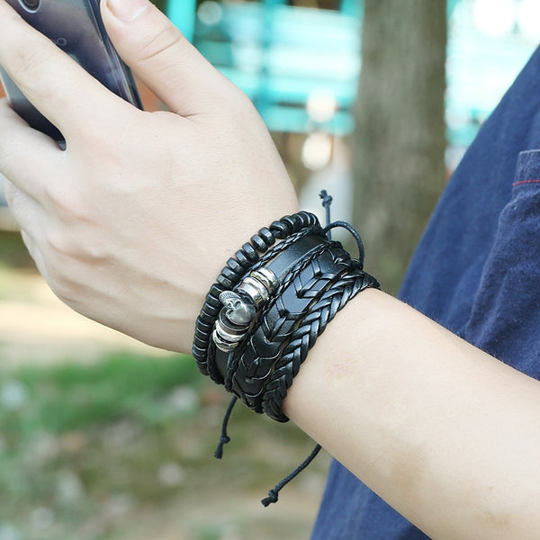 Fashion 4Pcs Set Gothic Punk Skull Metal Multilayer Leather Bracelet Men Bracelets