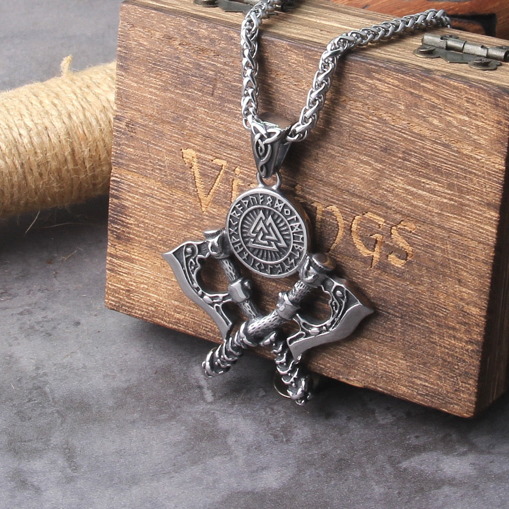 Men's Stainless Steel Exquisite Double Axe Pendant Necklace Nordic Rune Amulet Gift