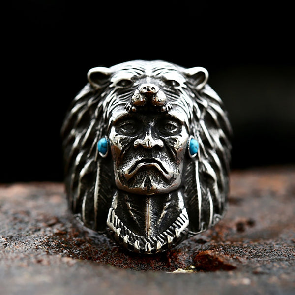 Anillo de guerrero indio vintage de acero inoxidable para hombre