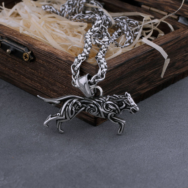Collar vikingo vintage de acero inoxidable con diseño de lobo Geri y Freki para hombre