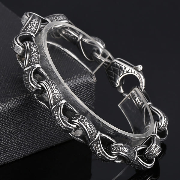 Pulsera vintage para hombre en acero inoxidable 316L macizo con tallado retro, joyería vikinga nórdica.