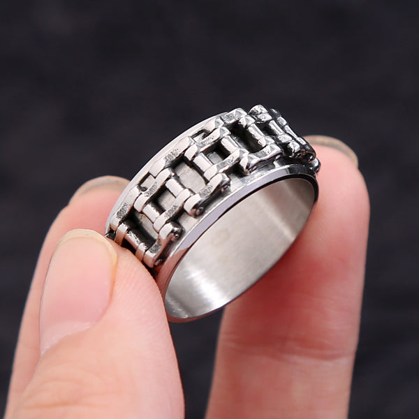 Anillo de cadena de acero inoxidable estilo vintage para hombre, estilo punk, sencillo, color plateado, giratorio.
