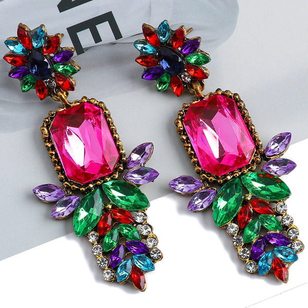 Pendientes colgantes grandes geométricos de cristal colorido bohemio con flores de moda para mujer
