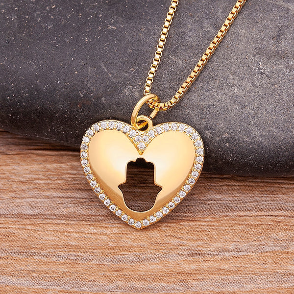 Colgante de mano de Fátima en forma de corazón, de cobre, color dorado, con palma de Fátima