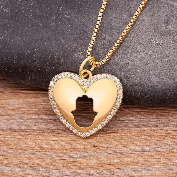 Colgante de mano de Fátima en forma de corazón, de cobre, color dorado, con palma de Fátima