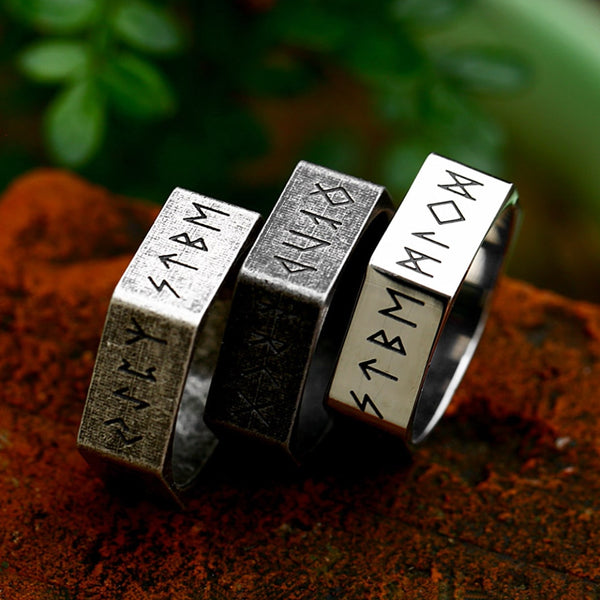 Anillo vintage de acero inoxidable 316L con runas vikingas nórdicas para hombre y mujer.