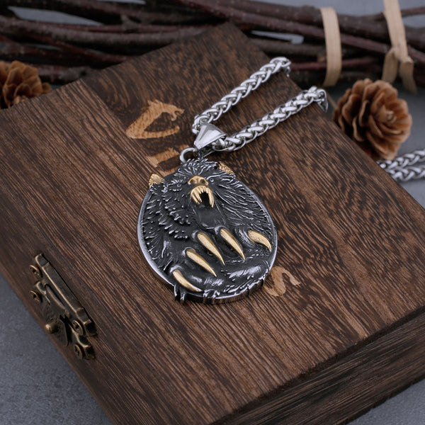 Collar nórdico vikingo con cabeza de lobo para hombre, de acero inoxidable, con amuleto de garra de oso que nunca se decolora.